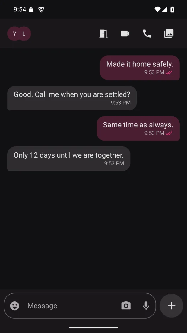The Our Little Place chat screen. Short messages between two people; the last line reads, ‘Only 12 days until we are together.’